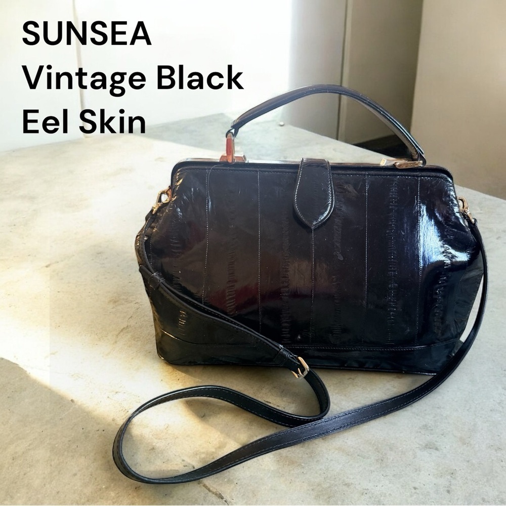 Sunsea Vintage Black Eel Skin Top Handle Crossbody 90s Structured Frame Bag